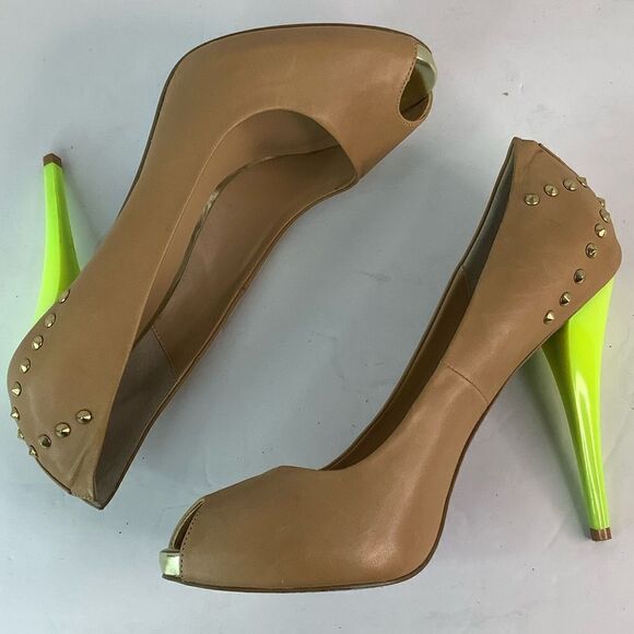 DMSX Donald J Pliner Latoya Tan/Green Neon Heels Peep Toe Stiletto Sz 8 - Picture 4 of 11